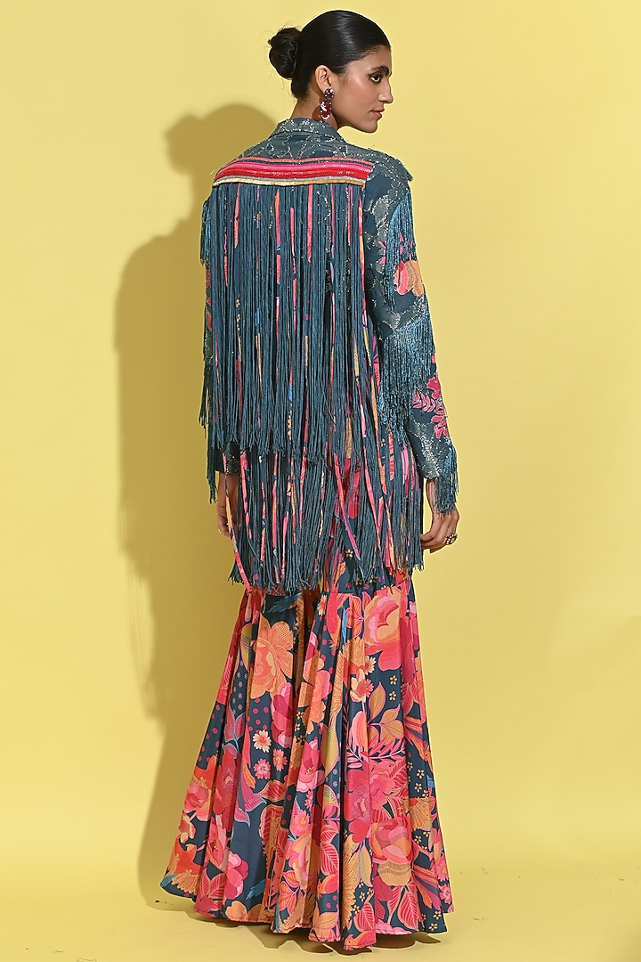 Cyan Blue Crepe & Jacquard Jacket Set by Rishi & Vibhuti at Pernia's Pop Up Shop