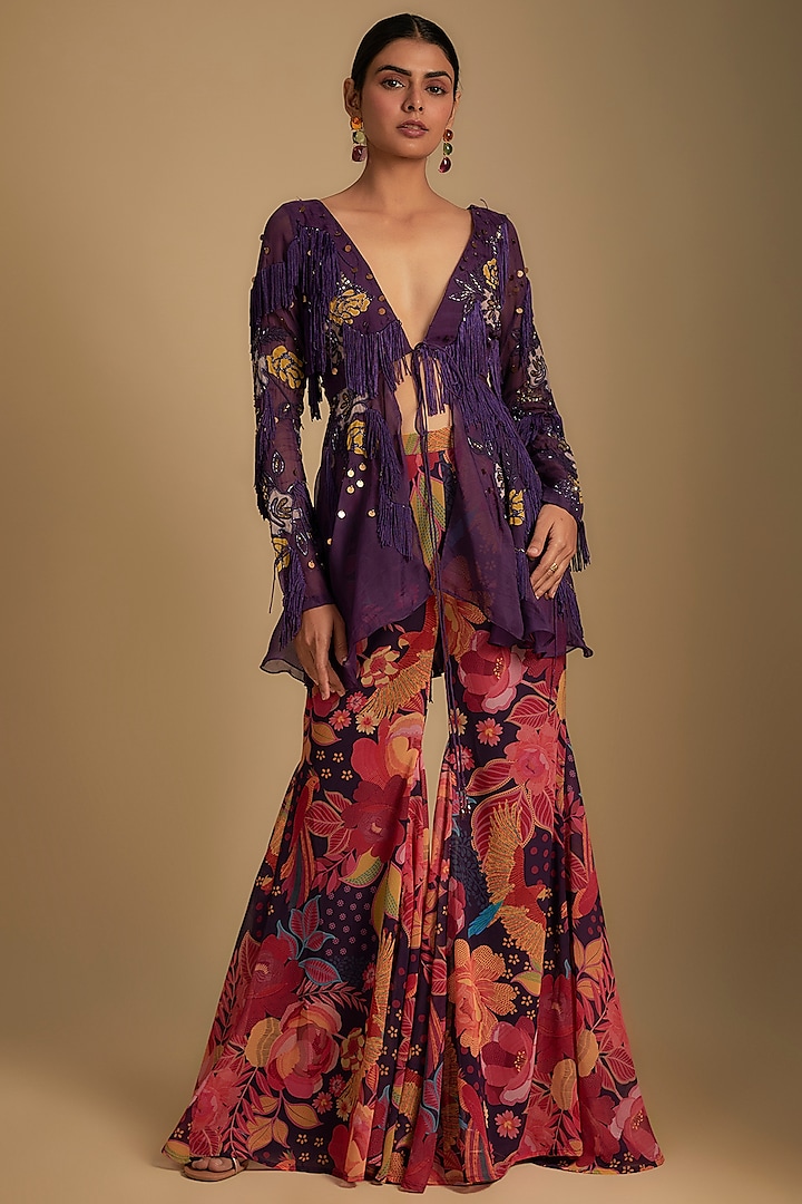 Purple Crepe Applique Embroidered Co-Ord Set by Rishi & Vibhuti at Pernia's Pop Up Shop