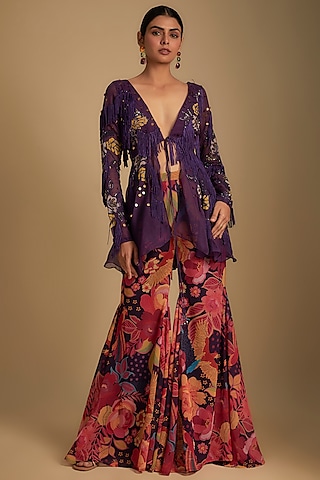 Purple Crepe Applique Embroidered Co-Ord Set by Rishi & Vibhuti