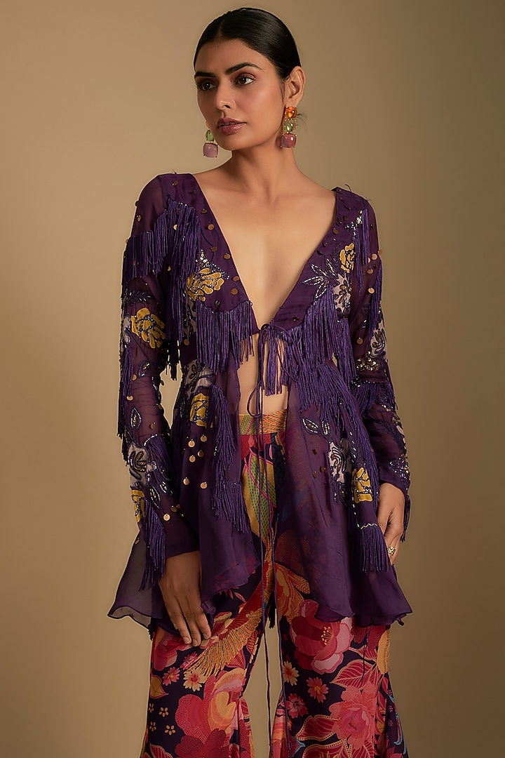 Purple Crepe Applique Embroidered Co-Ord Set by Rishi & Vibhuti at Pernia's Pop Up Shop
