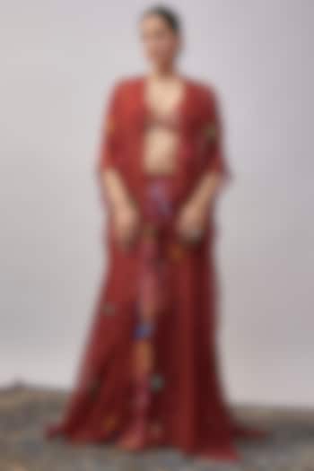 Crimson Red Crepe & Organza Hand Embroidered Cape Set by Rishi & Vibhuti at Pernia's Pop Up Shop