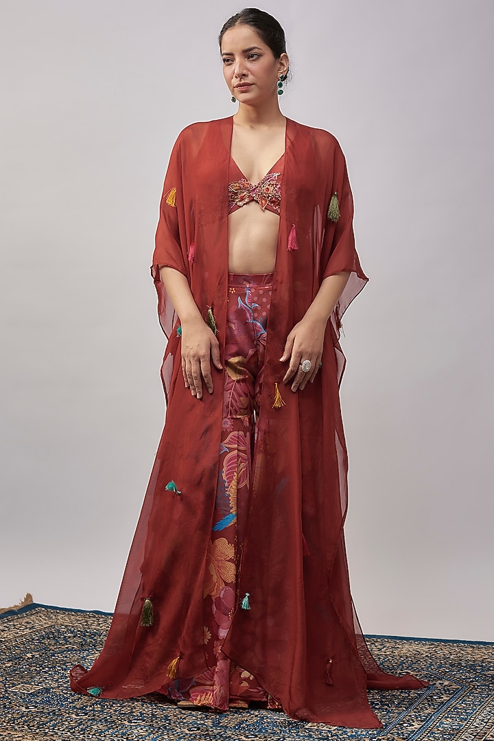 Crimson Red Crepe & Organza Hand Embroidered Cape Set by Rishi & Vibhuti at Pernia's Pop Up Shop