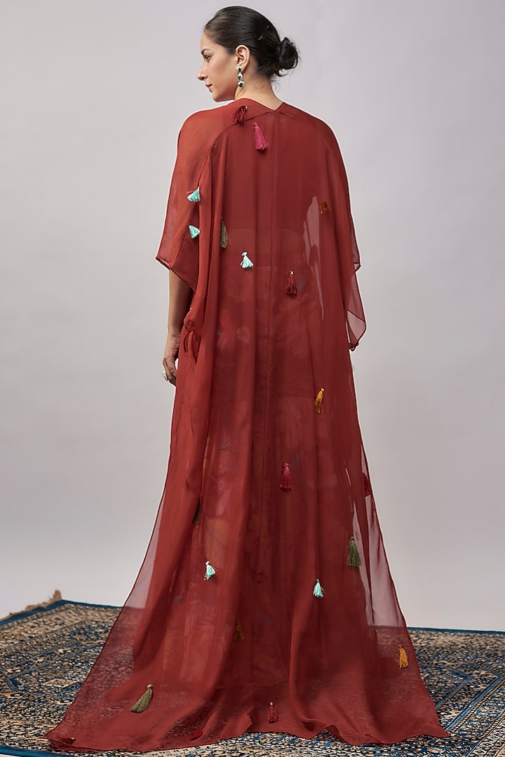 Crimson Red Crepe & Organza Hand Embroidered Cape Set by Rishi & Vibhuti at Pernia's Pop Up Shop