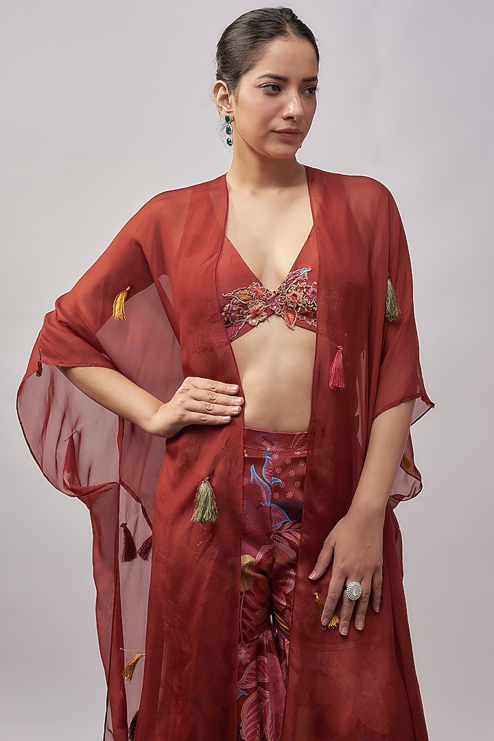 Crimson Red Crepe & Organza Hand Embroidered Cape Set by Rishi & Vibhuti at Pernia's Pop Up Shop