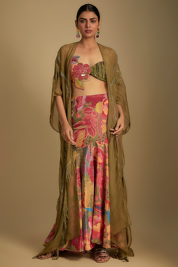 Olive Green Organza Sequins Embroidered Cape Set by Rishi & Vibhuti at Pernia's Pop Up Shop