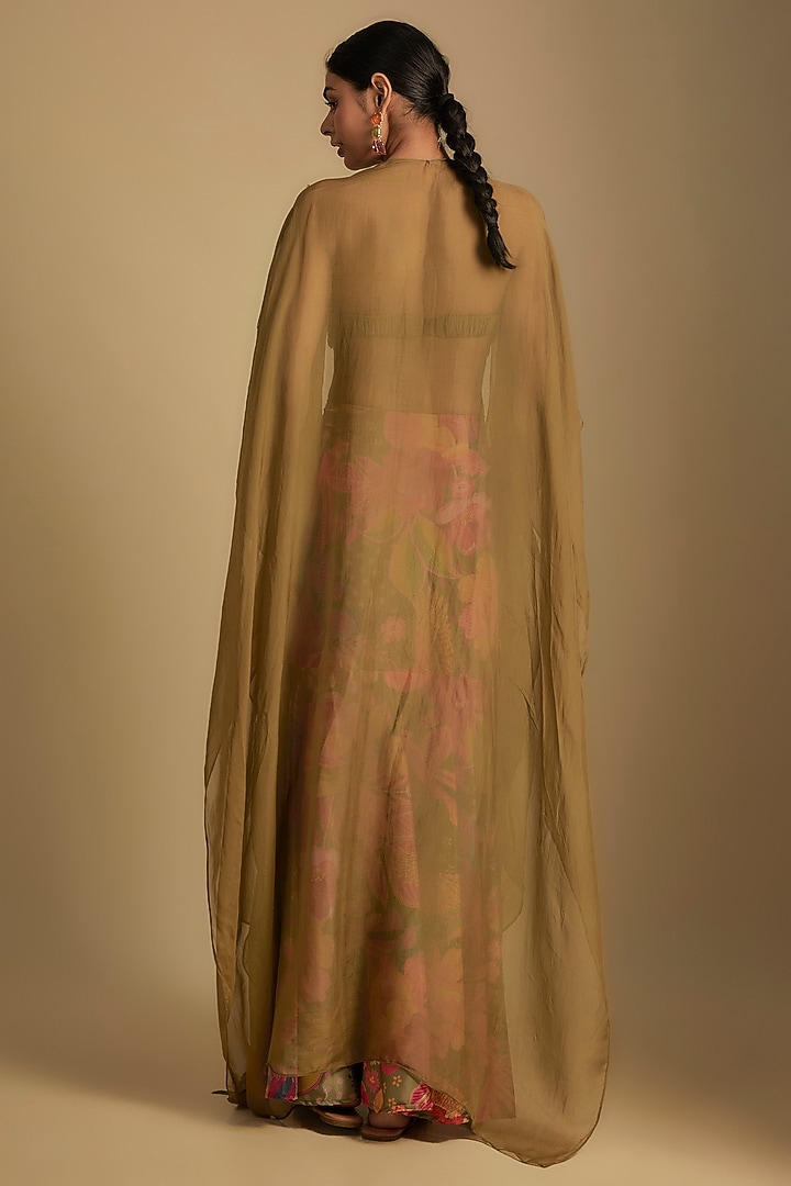 Olive Green Organza Sequins Embroidered Cape Set by Rishi & Vibhuti at Pernia's Pop Up Shop