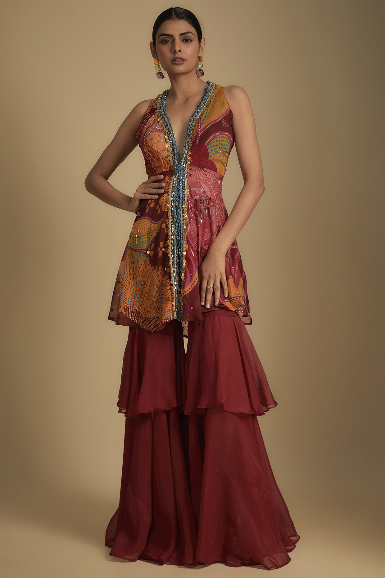 Crimson Red Crepe Flared Pants Set by Rishi & Vibhuti at Pernia's Pop Up Shop