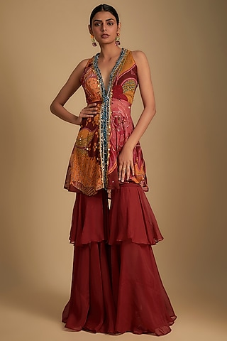 Crimson Red Crepe Flared Pants Set by Rishi & Vibhuti
