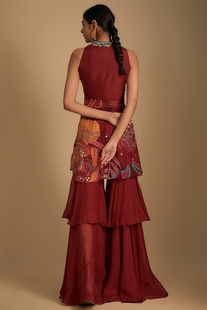 Crimson Red Crepe Flared Pants Set by Rishi & Vibhuti at Pernia's Pop Up Shop