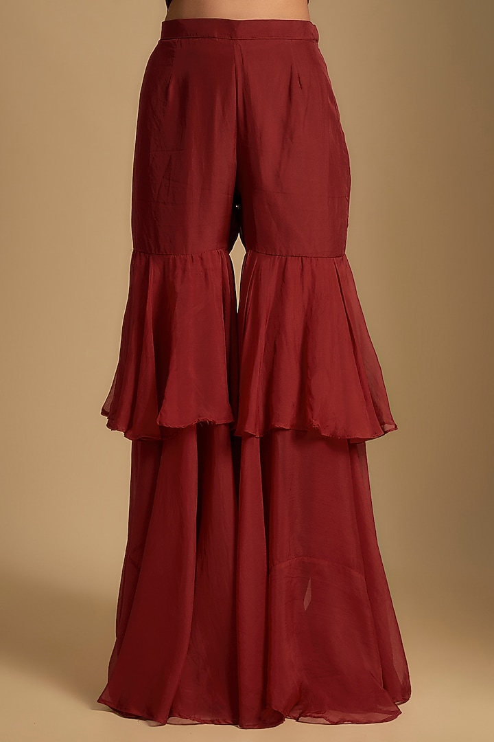 Crimson Red Crepe Flared Pants Set by Rishi & Vibhuti at Pernia's Pop Up Shop
