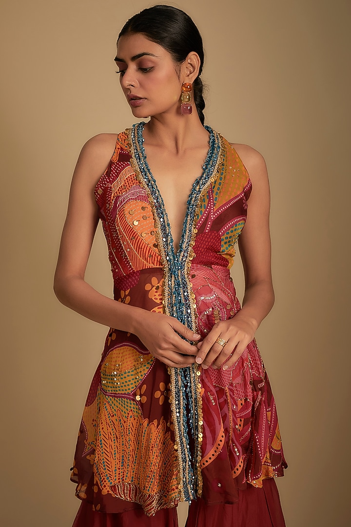 Crimson Red Crepe Flared Pants Set by Rishi & Vibhuti at Pernia's Pop Up Shop