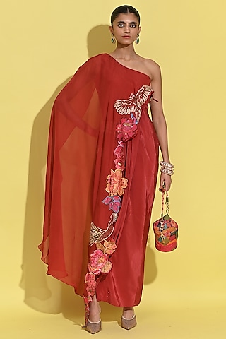 Crimson Red Crepe Hand Embroidered Cape Set by Rishi & Vibhuti