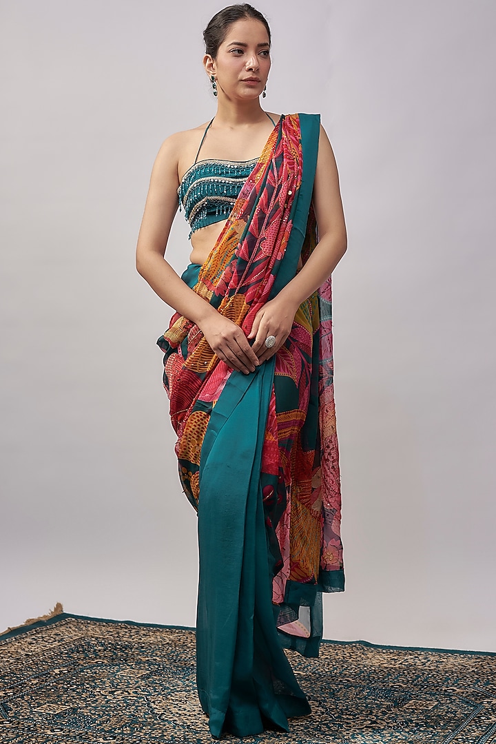 Cyan Blue Organza Wedding Saree Set by Rishi & Vibhuti at Pernia's Pop Up Shop