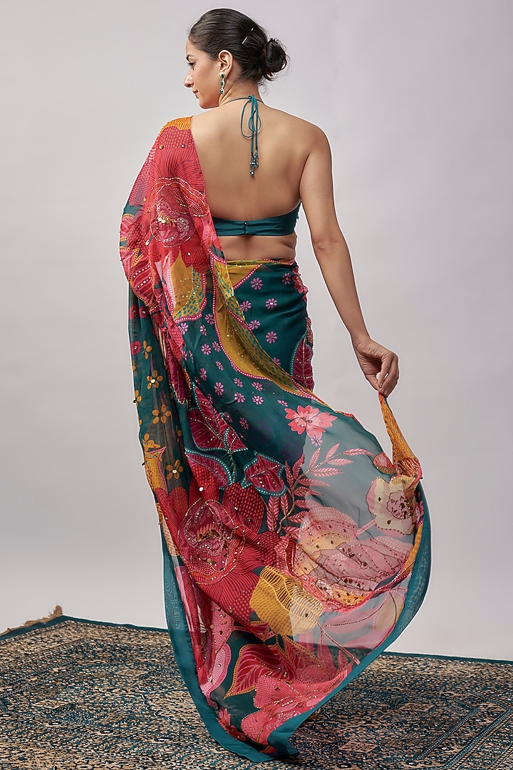 Cyan Blue Organza Wedding Saree Set by Rishi & Vibhuti at Pernia's Pop Up Shop