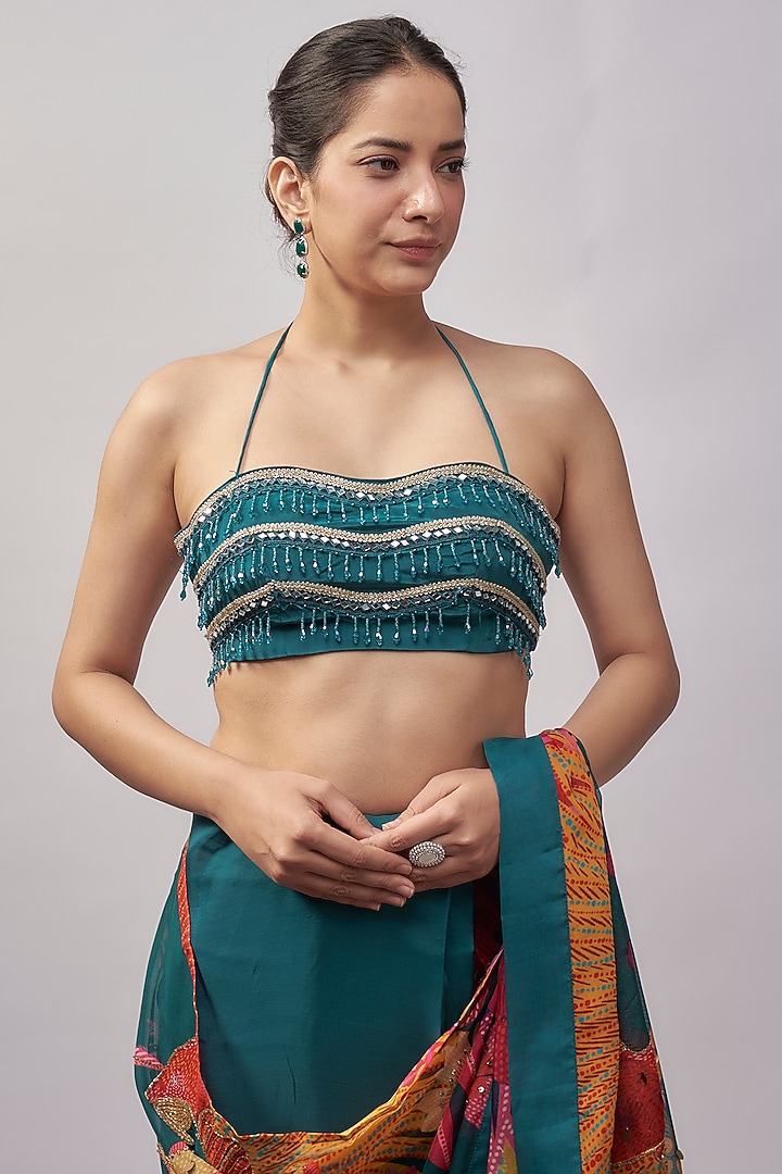 Cyan Blue Organza Wedding Saree Set by Rishi & Vibhuti at Pernia's Pop Up Shop