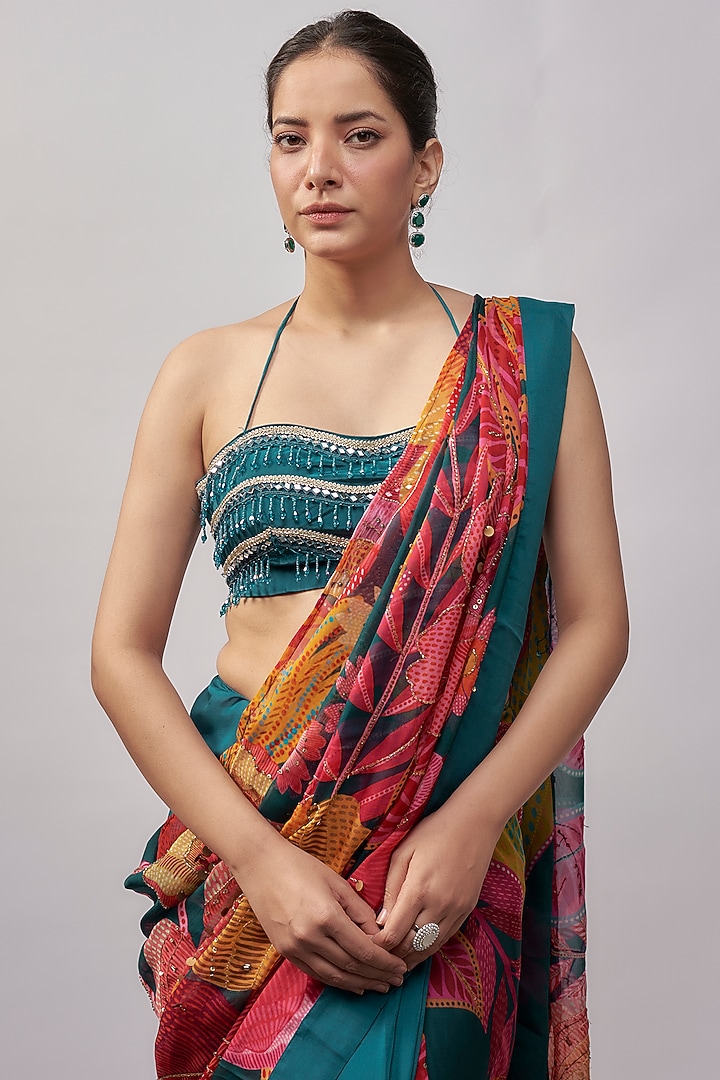 Cyan Blue Organza Wedding Saree Set by Rishi & Vibhuti at Pernia's Pop Up Shop