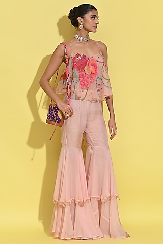 Blush Pink Organza & Crepe Cape Set by Rishi & Vibhuti