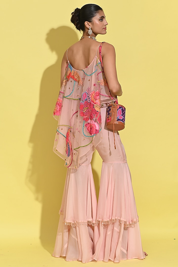 Blush Pink Organza & Crepe Cape Set by Rishi & Vibhuti at Pernia's Pop Up Shop