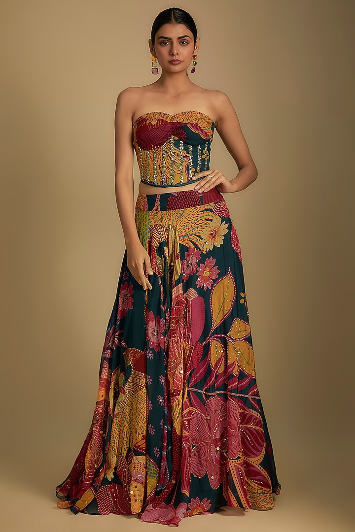 Cyan Blue Crepe Scattered Sequins Embroidered Skirt Set by Rishi & Vibhuti at Pernia's Pop Up Shop