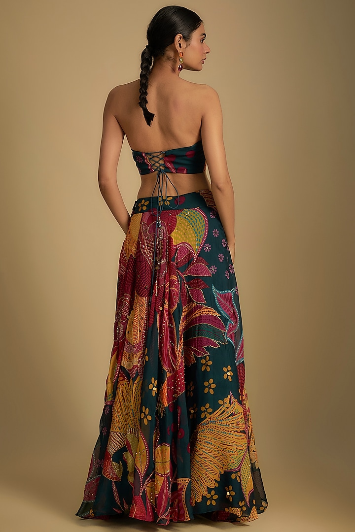 Cyan Blue Crepe Scattered Sequins Embroidered Skirt Set by Rishi & Vibhuti at Pernia's Pop Up Shop