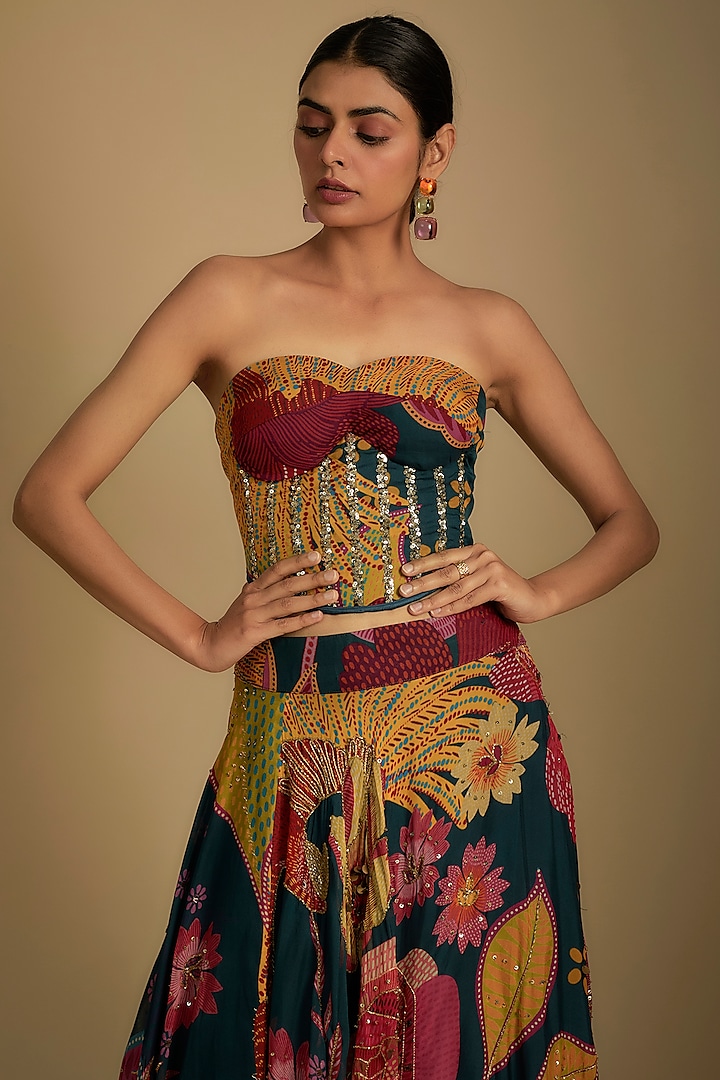 Cyan Blue Crepe Scattered Sequins Embroidered Skirt Set by Rishi & Vibhuti at Pernia's Pop Up Shop