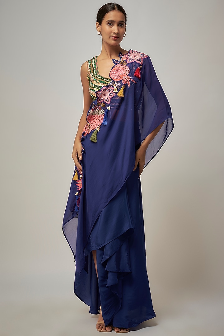 Electric Blue Organza Draped Skirt Set by Rishi & Vibhuti at Pernia's Pop Up Shop