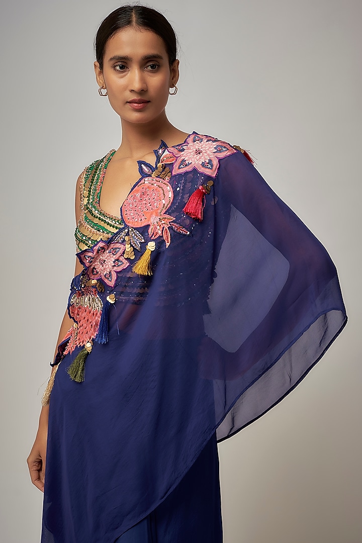 Electric Blue Organza Draped Skirt Set by Rishi & Vibhuti at Pernia's Pop Up Shop