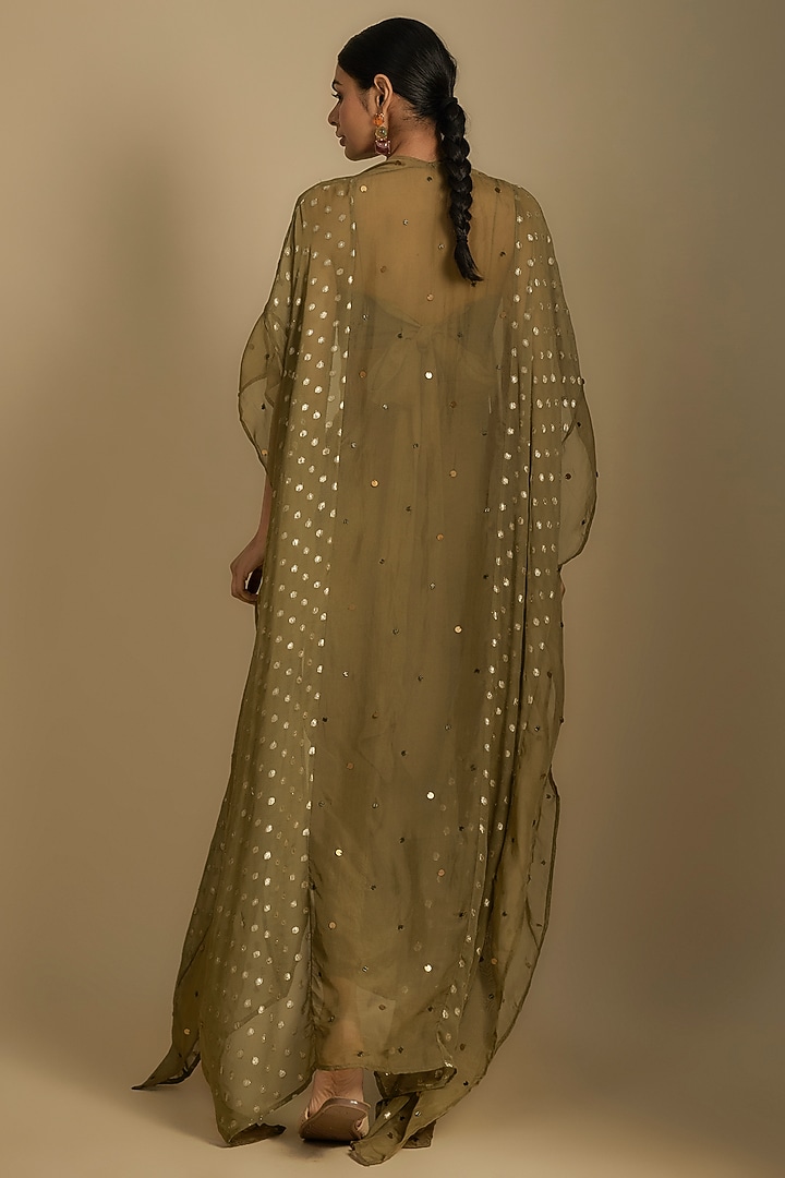 Olive Green Crepe Crystal Hand Embroidered Cape Set by Rishi & Vibhuti at Pernia's Pop Up Shop