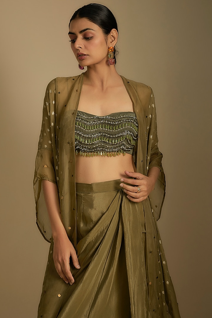 Olive Green Crepe Crystal Hand Embroidered Cape Set by Rishi & Vibhuti at Pernia's Pop Up Shop