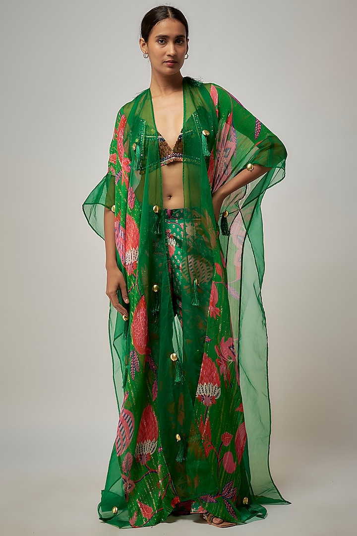 Jade Green Crepe & Organza Hand Embroidered Cape Set by Rishi & Vibhuti at Pernia's Pop Up Shop