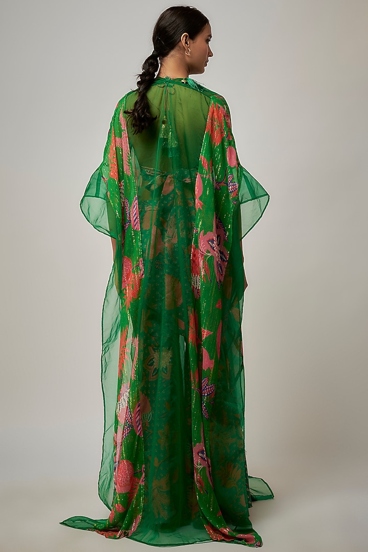 Jade Green Crepe & Organza Hand Embroidered Cape Set by Rishi & Vibhuti at Pernia's Pop Up Shop