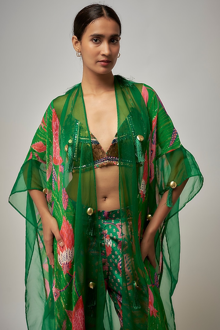 Jade Green Crepe & Organza Hand Embroidered Cape Set by Rishi & Vibhuti at Pernia's Pop Up Shop