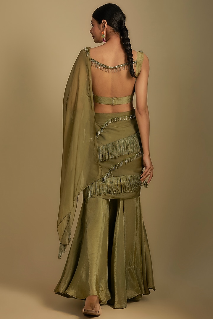 Olive Green Tissue Chanderi Hand Embroidered Pant Wedding Saree Set by Rishi & Vibhuti at Pernia's Pop Up Shop