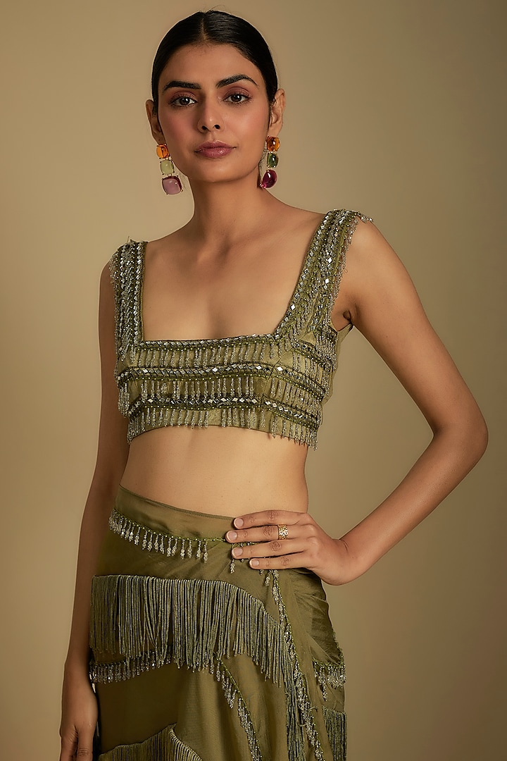 Olive Green Tissue Chanderi Hand Embroidered Pant Wedding Saree Set by Rishi & Vibhuti at Pernia's Pop Up Shop