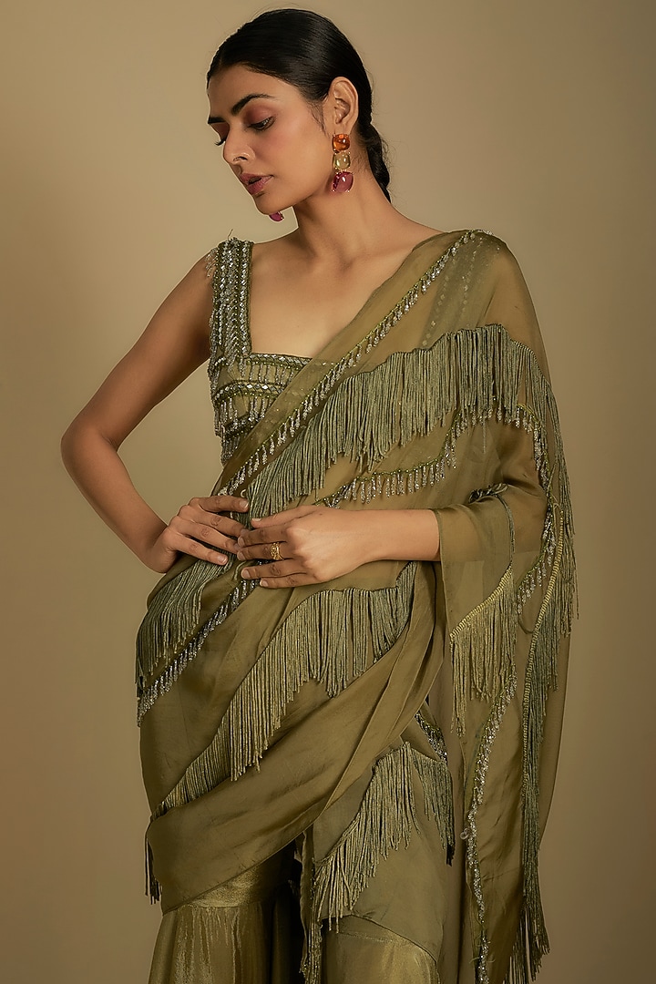 Olive Green Tissue Chanderi Hand Embroidered Pant Wedding Saree Set by Rishi & Vibhuti at Pernia's Pop Up Shop