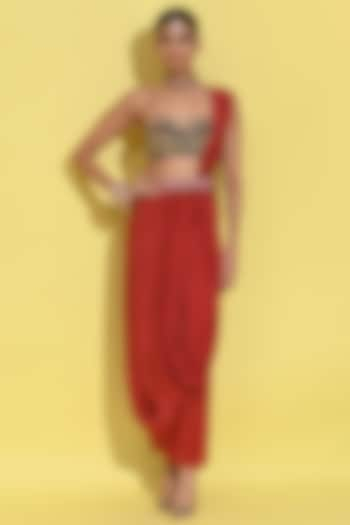 Crimson Red Crepe Draped Skirt Set by Rishi & Vibhuti at Pernia's Pop Up Shop