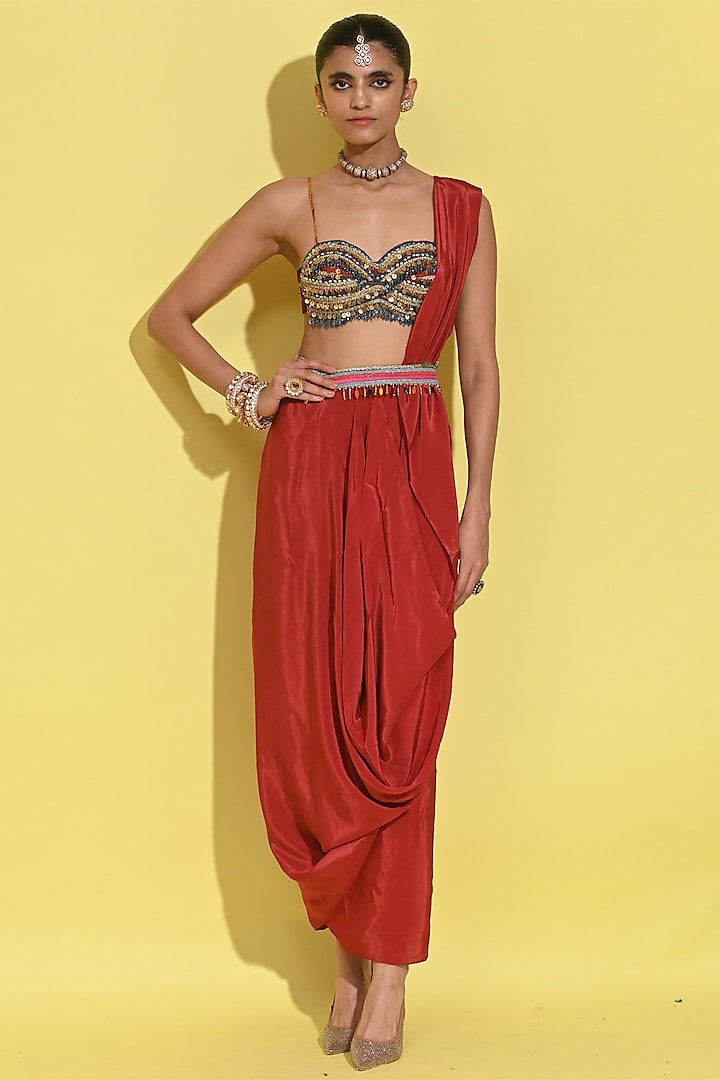 Crimson Red Crepe Draped Skirt Set by Rishi & Vibhuti at Pernia's Pop Up Shop