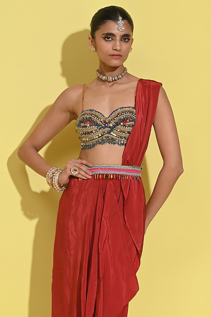 Crimson Red Crepe Draped Skirt Set by Rishi & Vibhuti at Pernia's Pop Up Shop