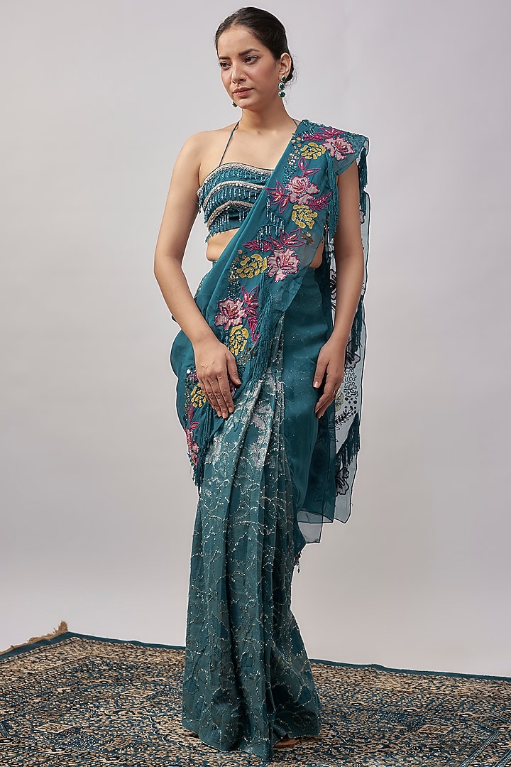 Cyan Blue Crepe & Organza Hand Embroidered Wedding Saree Set by Rishi & Vibhuti at Pernia's Pop Up Shop