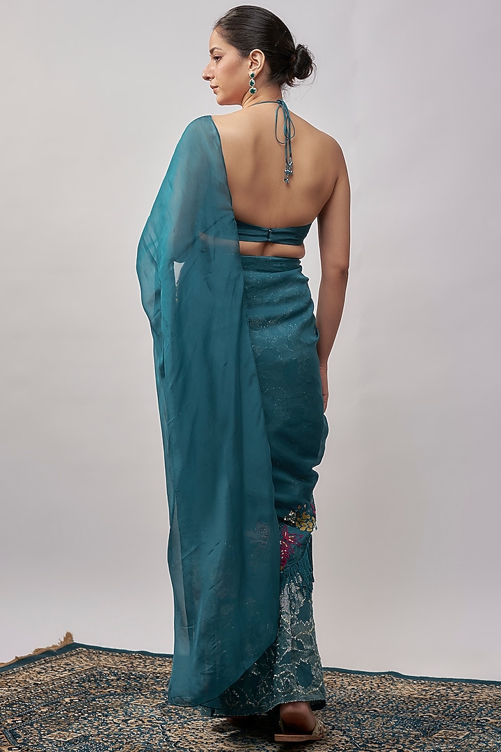 Cyan Blue Crepe & Organza Hand Embroidered Wedding Saree Set by Rishi & Vibhuti at Pernia's Pop Up Shop
