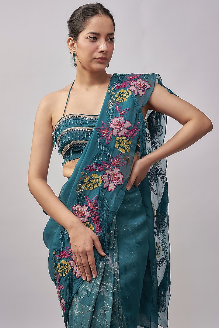 Cyan Blue Crepe & Organza Hand Embroidered Wedding Saree Set by Rishi & Vibhuti at Pernia's Pop Up Shop