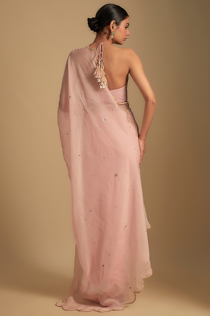 Blush Pink Organza Hand Embroidered Wedding Saree Set by Rishi & Vibhuti at Pernia's Pop Up Shop