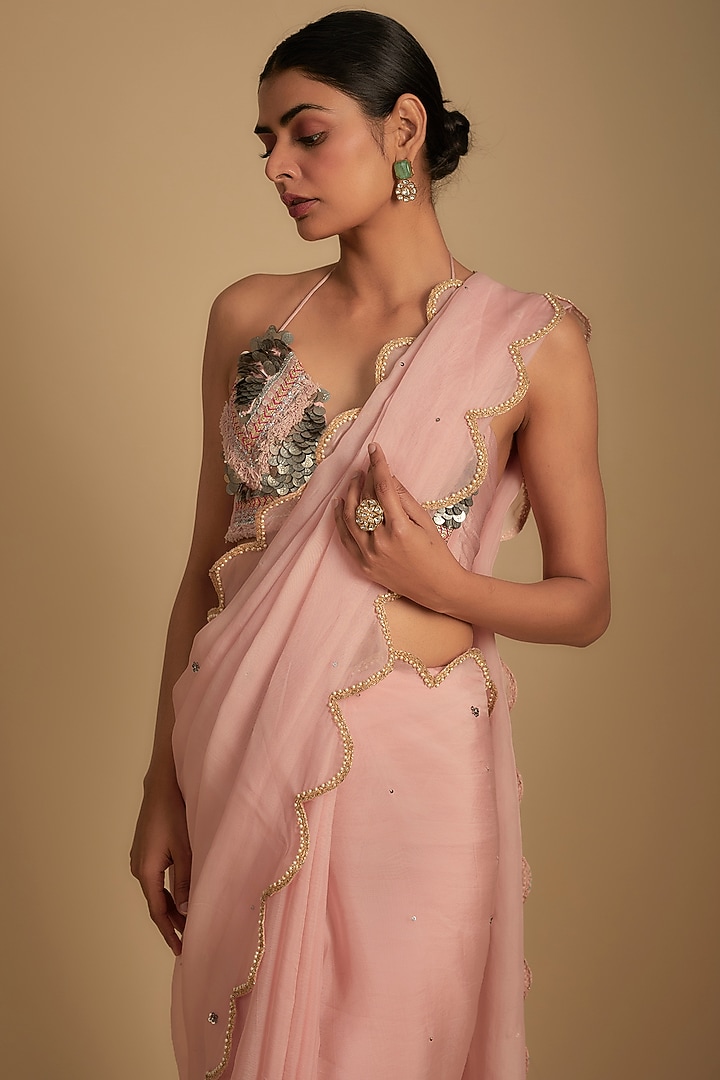Blush Pink Organza Hand Embroidered Wedding Saree Set by Rishi & Vibhuti at Pernia's Pop Up Shop