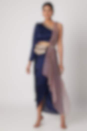 Indigo Blue Crop Top With Pencil Skirt, Cape & Belt by Rishi & Vibhuti