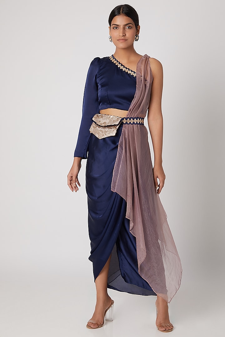 Indigo Blue Crop Top With Pencil Skirt, Cape & Belt by Rishi & Vibhuti