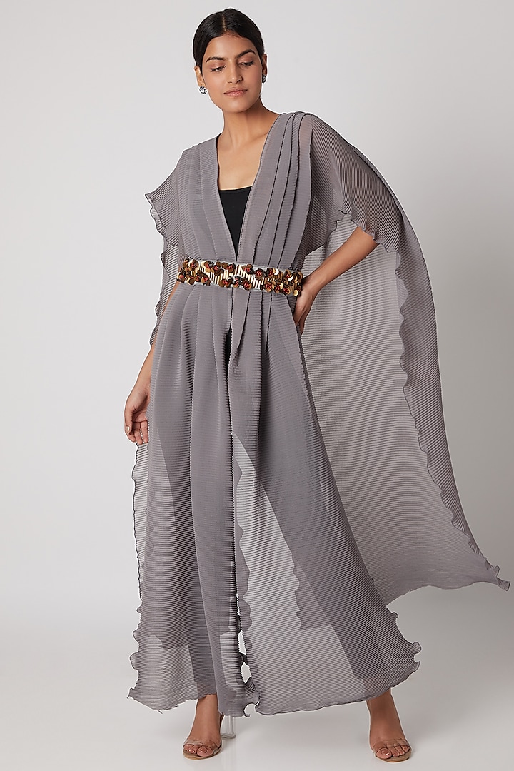 Grey Embellished Draped Sash With Belt by Rishi & Vibhuti