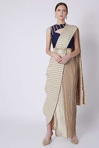 Nude Satin Silk Asymmetric Saree Set by Rishi & Vibhuti at Pernia's Pop