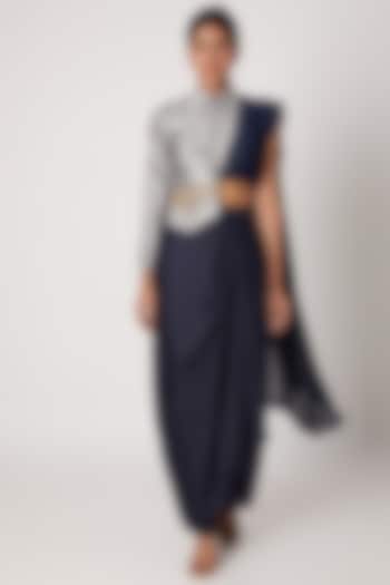 Midnight Blue Pencil Skirt With Grey Draped Jacket by Rishi & Vibhuti