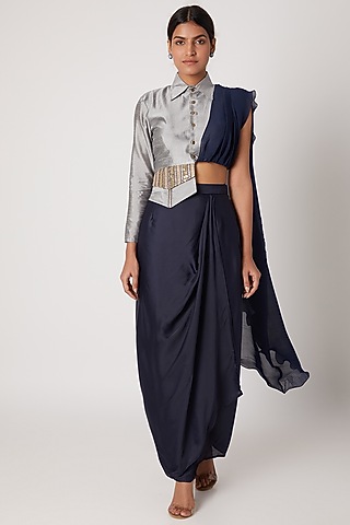 Midnight Blue Pencil Skirt With Grey Draped Jacket by Rishi & Vibhuti