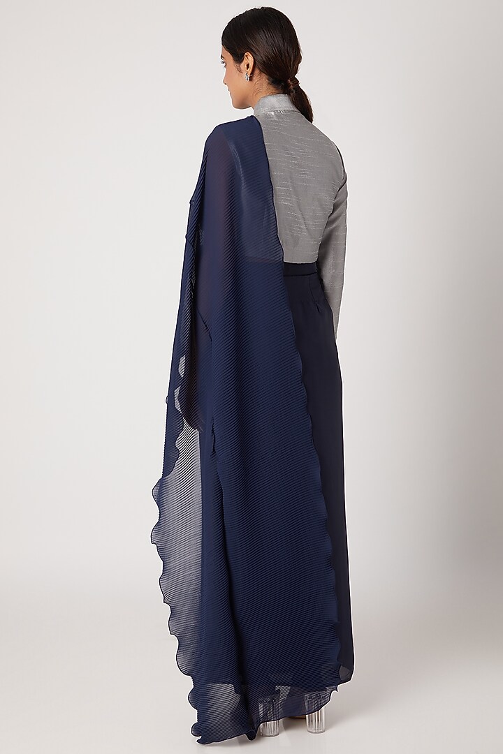 Midnight Blue Pencil Skirt With Grey Draped Jacket by Rishi & Vibhuti at Pernia's Pop Up Shop